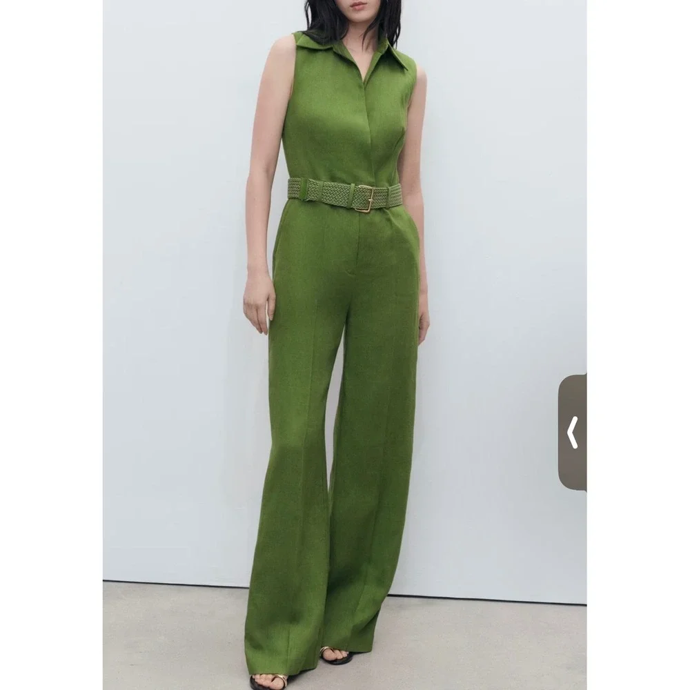 Mango MNG Green 100% Linen Sleeveless Belted Wrap Jumpsuit Womens Size Medium